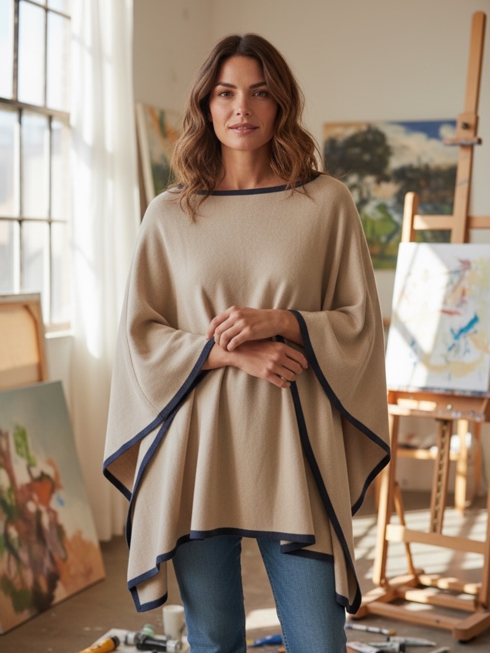 NWT Rafaella Sportswear Beige Poncho with Navy Trim Size OS One Size